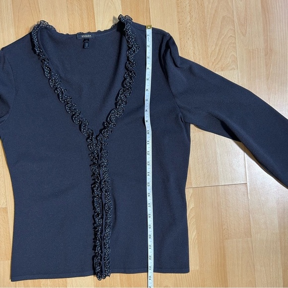 Escada Black Button Up Stretch Cardigan with Black and White Polka Dot Ruffles - Picture 10 of 10